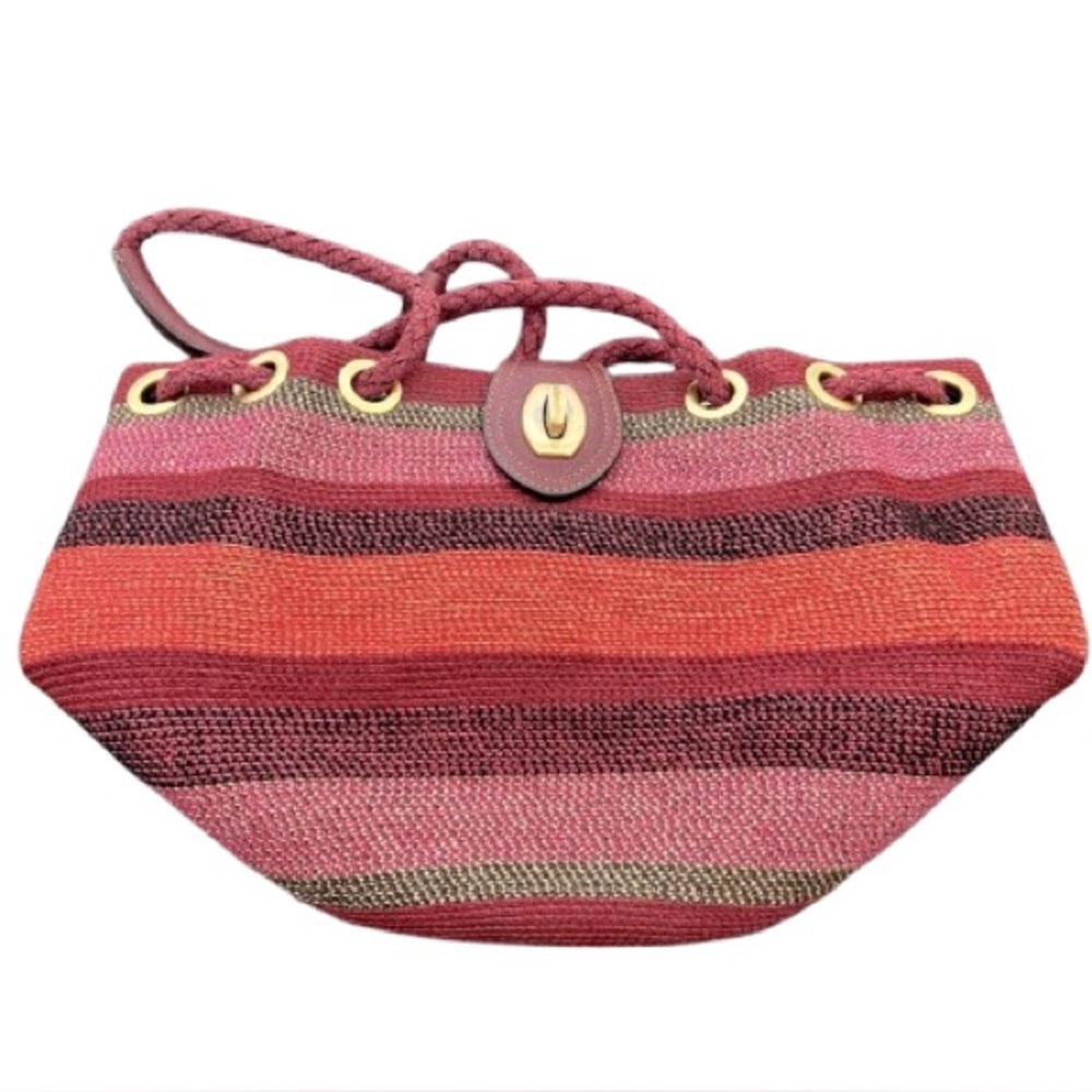 ERIC JAVITS Striped Red and Pink Women's Bag Purse Tote Designer Gold Handbag